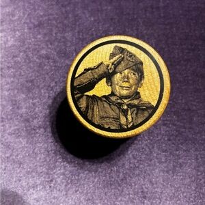 Vintage Wooden Boy Scout Salute Round Pin Box